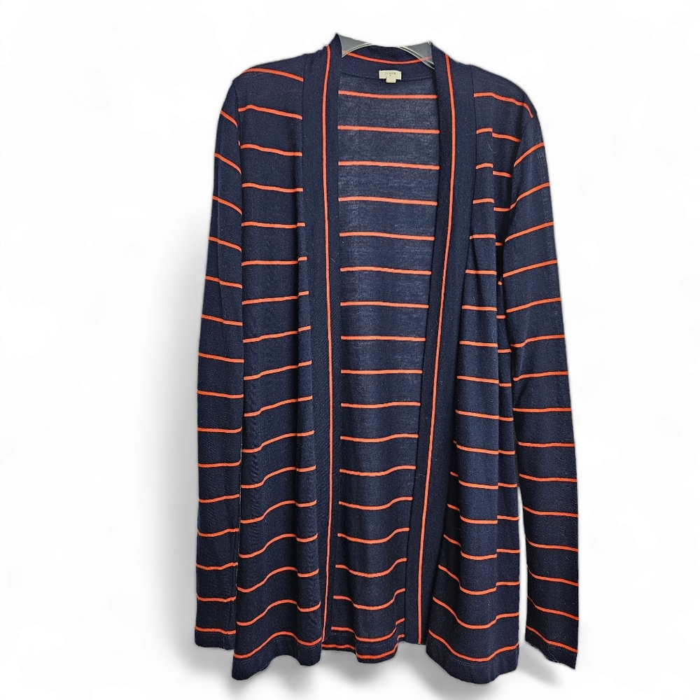 Striped Navy and Orange Open-Front Women's Cardigan